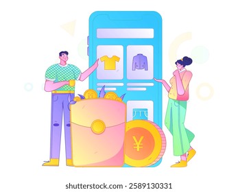 Holiday shopping people doing e-commerce online shopping flat vector concept operation hand drawn illustration