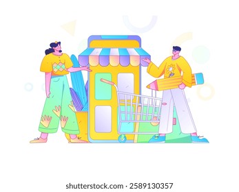 Holiday shopping people doing e-commerce online shopping flat vector concept operation hand drawn illustration