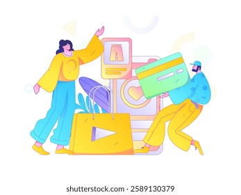 Holiday shopping people doing e-commerce online shopping flat vector concept operation hand drawn illustration