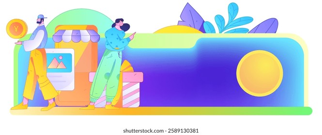 Holiday shopping people doing e-commerce online shopping flat vector concept operation hand drawn illustration