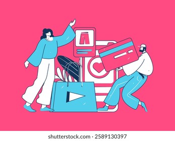 Holiday shopping people doing e-commerce online shopping flat vector concept operation hand drawn illustration