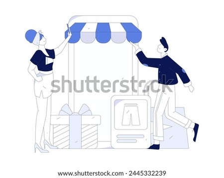 Holiday shopping people doing e-commerce online shopping flat vector concept operation hand drawn illustration
