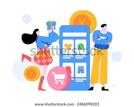 Holiday shopping people doing e-commerce online shopping flat vector concept operation hand drawn illustration
