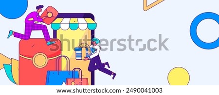 Holiday shopping people doing e-commerce online shopping flat vector concept operation hand drawn illustration
