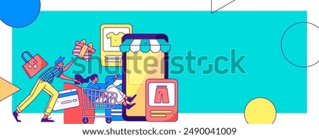 Holiday shopping people doing e-commerce online shopping flat vector concept operation hand drawn illustration
