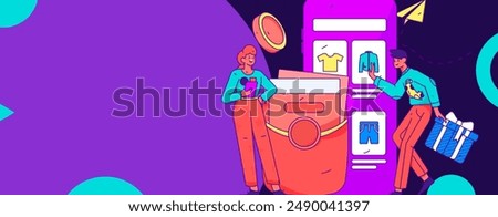 Holiday shopping people doing e-commerce online shopping flat vector concept operation hand drawn illustration
