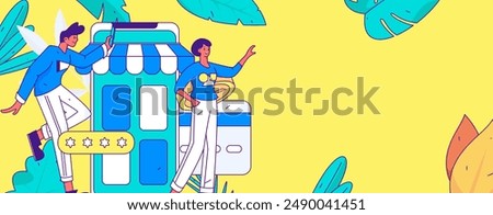 Holiday shopping people doing e-commerce online shopping flat vector concept operation hand drawn illustration
