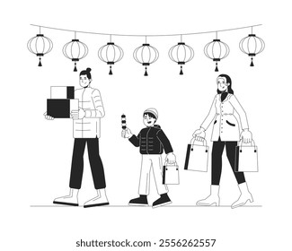 Holiday shopping sales on Chinese New Year linear illustration. Asian family people buying gifts for cny festive occasion 2D line characters isolated on white. Monochrome vector outline image