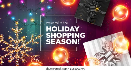 Holiday Shopping Season Vector Background. Christmas Sale Banner Design. Top View of Festive Xmas Scene. Announcement of Special Discount Offer. Luxury Flyer Template with Garland, Gift Box, Snowflake