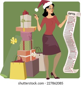 Holiday shopping. Stressed woman in a Santa hat crossing out names from a long Christmas shopping list, pile of gifts at her feet, vector cartoon