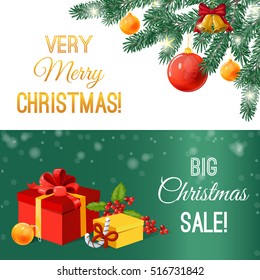 Holiday shopping vector banners. Christmas, winter holidays, gifts and a Christmas tree. Made in a realistic style with isolated objects. Big christmas sale. Christmas shopping