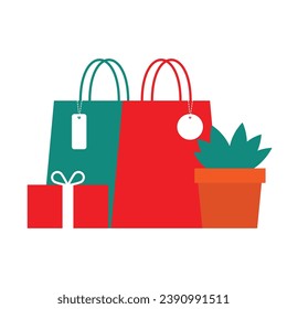 holiday shopping web design element set of gift box plant and bags design concept flat vector 