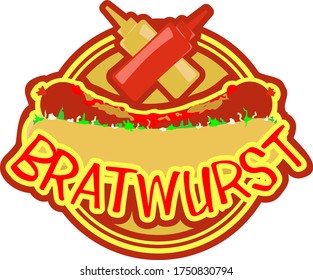 Holiday sign with the image of a hot dog with ketchup and mustard and the inscription "Sausage" in German in large letters. Template for sticker, signboard or decor element.