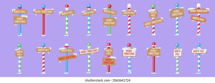 Holiday signs for the north pole. Set of wooden street signs in the snow, winter pointers in flat style. Winter holiday xmas symbol, cartoon banner. Vector illustration, eps 10.