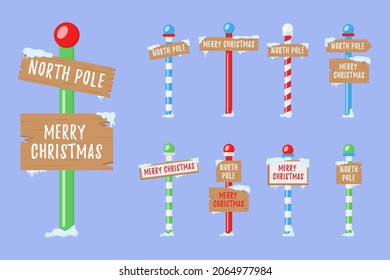 Holiday signs for the north pole. Set of wooden street signs in the snow, winter pointers in flat style. Winter holiday xmas symbol, cartoon banner. Vector illustration, eps 10.