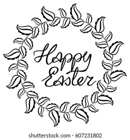 Holiday silhouette label with decorative flowers and artistic written greeting text "Happy Easter!".  Design element for banners, labels, prints, posters, greeting cards, albums. Vector clip art.