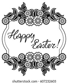 Holiday silhouette label with decorative flowers and artistic written greeting text "Happy Easter!".  Design element for banners, labels, prints, posters, greeting cards, albums. Vector clip art.
