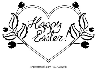 Holiday silhouette label with decorative flowers and artistic written greeting text "Happy Easter!".  Design element for banners, labels, prints, posters, greeting cards, albums. Vector clip art.