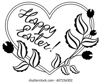 Holiday silhouette label with decorative flowers and artistic written greeting text "Happy Easter!".  Design element for banners, labels, prints, posters, greeting cards, albums. Vector clip art.