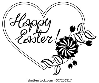 Holiday silhouette label with decorative flowers and artistic written greeting text "Happy Easter!".  Design element for banners, labels, prints, posters, greeting cards, albums. Vector clip art.