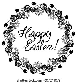Holiday silhouette label with decorative flowers and artistic written greeting text "Happy Easter!".  Design element for banners, labels, prints, posters, greeting cards, albums. Vector clip art.