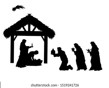 Holiday silhouettes christmas. Sages bowed to Christ. Vector illustration