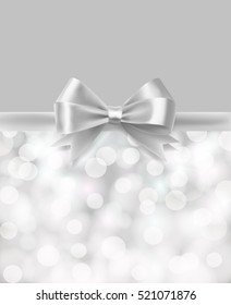 Holiday Silver Bow Ribbon And Light Effects Blurry Background. Vector Design Template