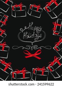 Holiday sketch drawing composition with gift boxes and red ribbons