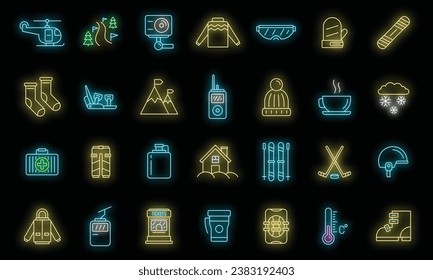 Holiday ski resort icon set. Outline set of holiday ski resort vector icons neon color on black