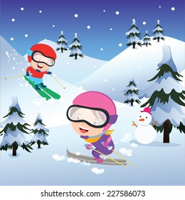 Holiday skiing. Vector illustration of children skiing on winter background.