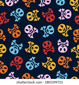 Holiday skulls pattern cartoon color style for Day of the dead, Halloween, Dia de los Muertos party, traditional mexican wallpaper. Vector Illustration 10 eps