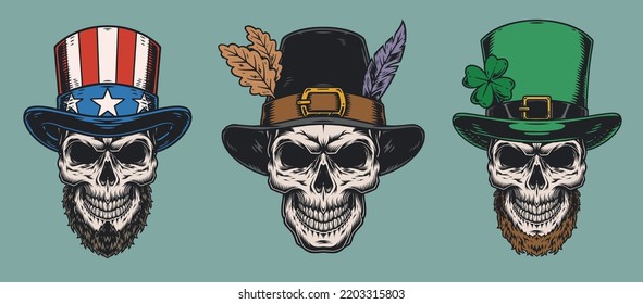 Calaveras de vacaciones ponen elementos de color con el Día de la Independencia de Estados Unidos o Día de Acción de Gracias y la ilustración vectorial de sombreros con temática de St. Patrick