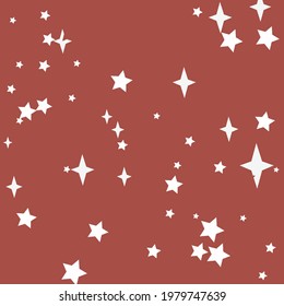 Holiday Sky Magic Mystery New Year Background. Stars Snow Four-pointed Color Red Ornament. Chaotic Christmas Bright Santa Print Design Pic. Winter White Night Retro Sharp Composition.