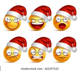 Holiday Smiley face yellow emoticons with set of facial expressions for christmas in glossy 3D realistic isolated in white background. Vector illustration
