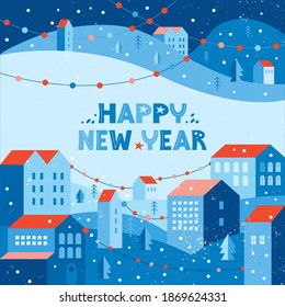 Holiday snow city in winter decorated with garlands. Urban landscape in a geometric minimal flat style. Houses on a hill among snowdrifts and trees. Happy new year banner or greeting card in vector.