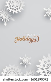 Holiday snowflakes banner, frame, header, background or greeting card design with paper snowflakes. Vector Illustration.