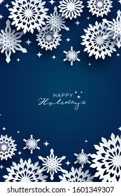 Holiday snowflakes banner, frame, header, background or greeting card design with paper snowflakes. Vector Illustration.