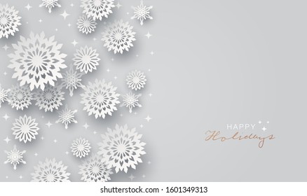 Holiday snowflakes banner, frame, header, background or greeting card design with paper snowflakes. Vector Illustration.