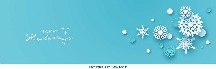 Holiday snowflakes banner, frame, header, background or greeting card design with paper snowflakes. Vector Illustration.