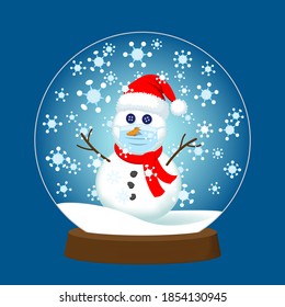 Holiday snowman wearing a Santa hat and face mask in a self-isolation snow globe social bubble surrounded by a blizzard of virus molecules snowflakes