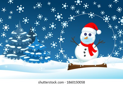 Holiday snowman wearing a santa hat and face mask in a self-isolation snow globe social bubble protected from a blizzard of virus molecules snowflakes