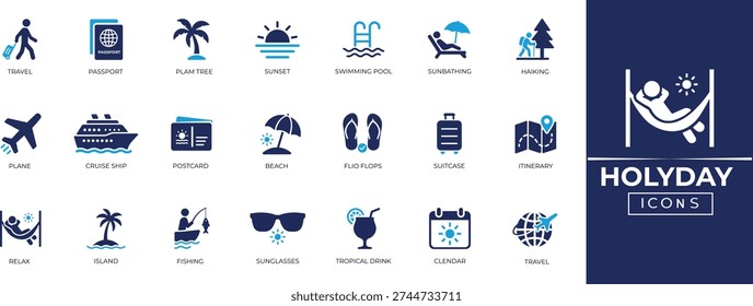 Holiday solid icon Collection. Contains blue solid icons related to plane,  relax,, passport, hotel, palm tree, travel, beach, sunset, and more. Perfect vector icon collection.