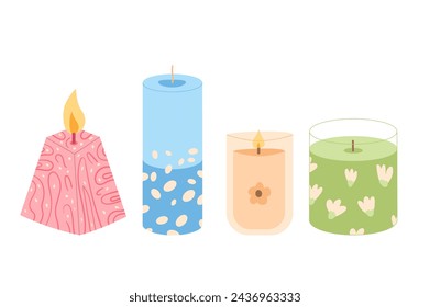 Holiday soy aroma candles set. Handmade scented candlelight isolated in white background. Hygge time. Aromatherapy and relaxation home decor. Vector flat illustration.