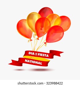 Holiday in Spain - 12 october, Inscription on ribbon: Day National Party. Card with Spain flag baloons