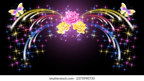 Holiday sparkle firework with magic roses flowers and fairytale butterflies and glowing stars.