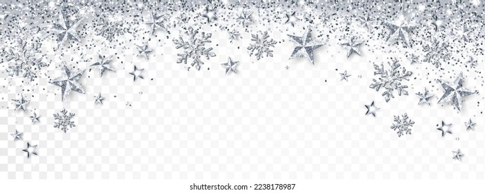 Holiday sparkling silver decoration. Falling glitter dust, stars and snowflakes. Christmas border. Festive winter vector background. For New Year headers, banners, party posters.