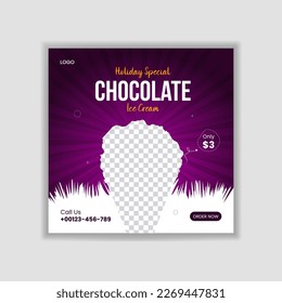 Holiday special chocolate ice cream social media post template design, Square ice cream Banner Design,