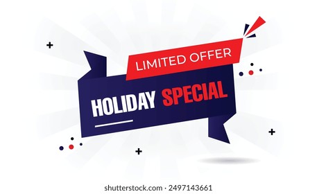 Holiday Special Limited Offer banner template with white background, dark blue and light blue gradient shine, and red shapes for a festive vector art design sale, promotion, holiday, special, offer