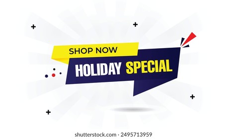 Holiday Special Shop Now banner template with white background, dark blue and light blue gradient, and yellow shapes perfect for seasonal promotions and eye catching sales holiday, offer, banner