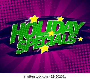 Holiday specials bright violet banner, comic style